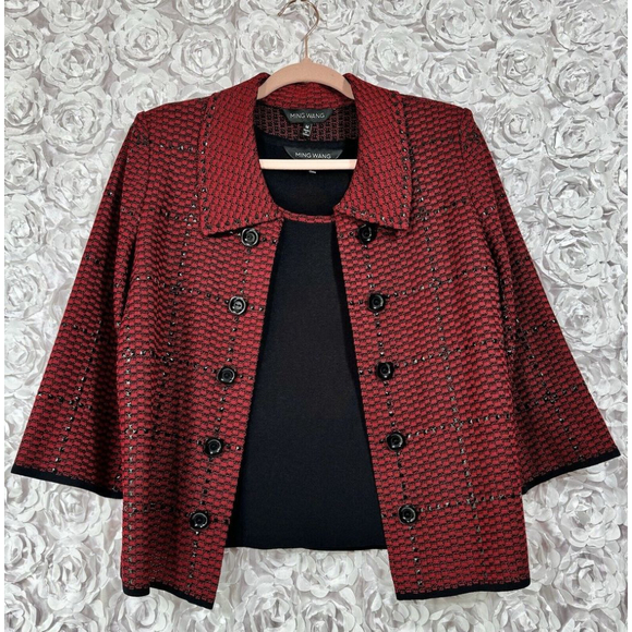 Ming Wang 2 Piece Set Womens Medium Red And Black Studded Tank Jacket Set Knit - Picture 1 of 14